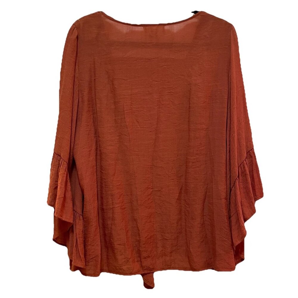 ENTRO Rust-Colored Embroidered Tie-Front Bell Sleeve Boho Shirt Sz L - Picture 10 of 10